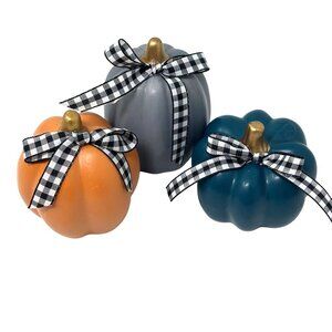 Fall Mini Pumpkins Set Orange Gray Teal with Gingham Bow Farmhouse Tiered Tray